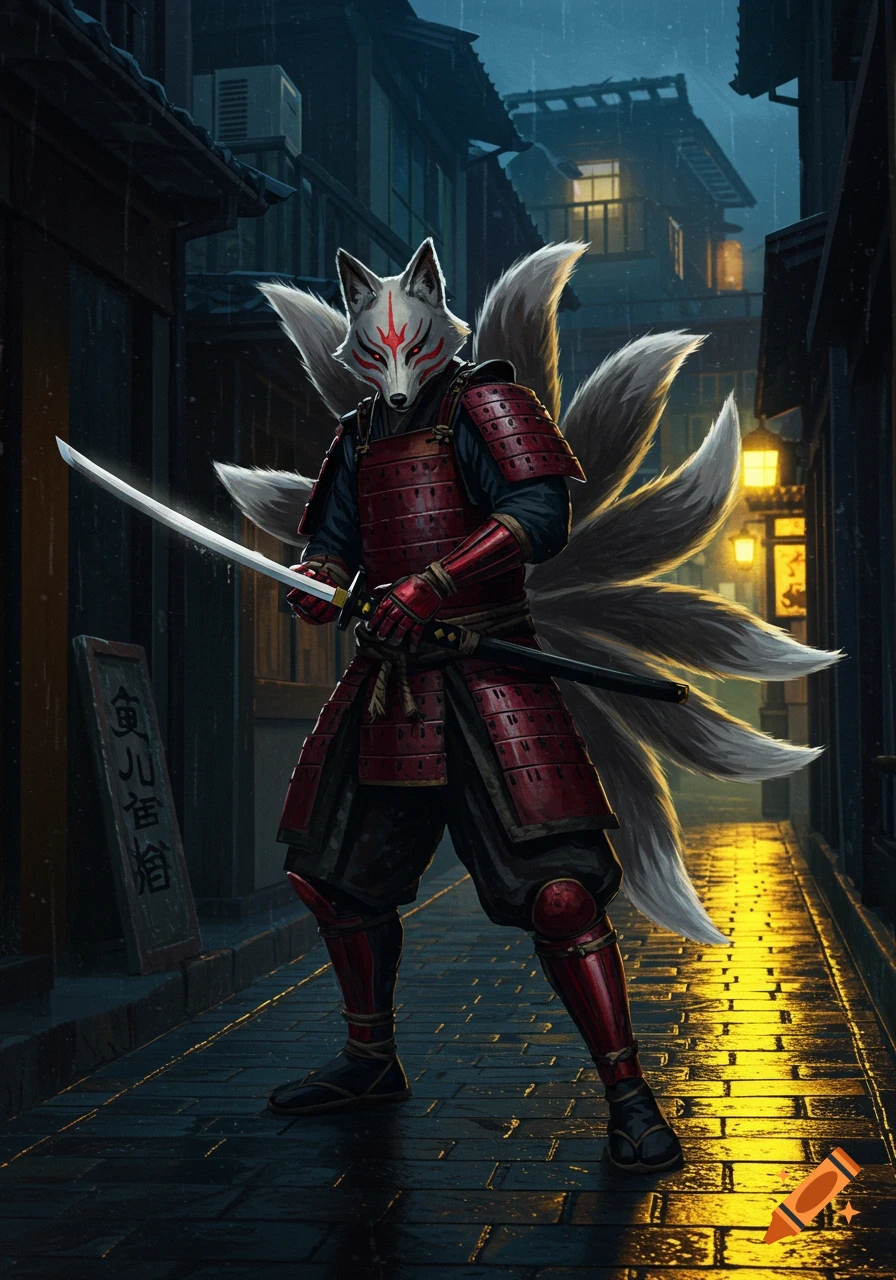 Kitsune samurai in red armor holding a katana in a rainy street at night.