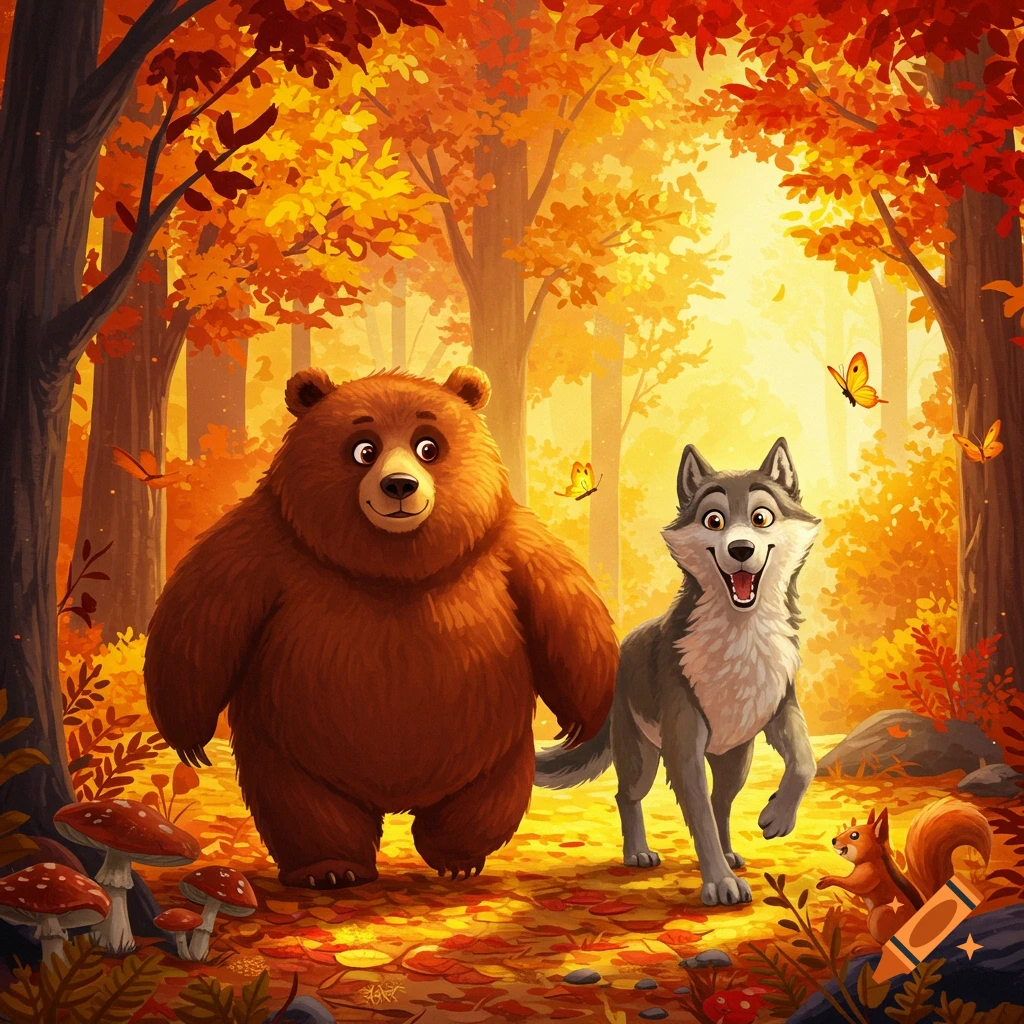 Cartoon illustration of a bear and a wolf walking through an autumn forest with squirrels and butterflies.