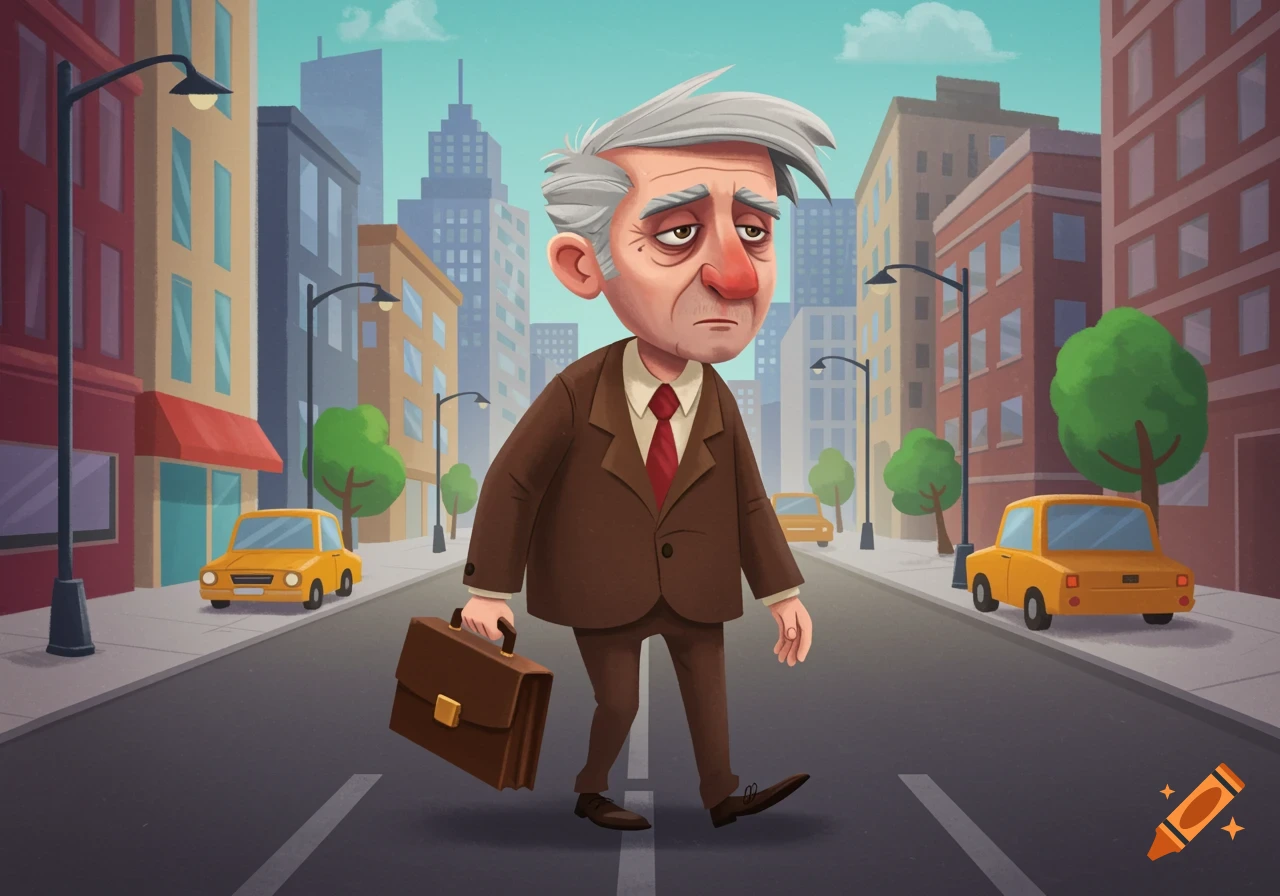 Cartoon older man in a suit walks down a city street carrying a briefcase.