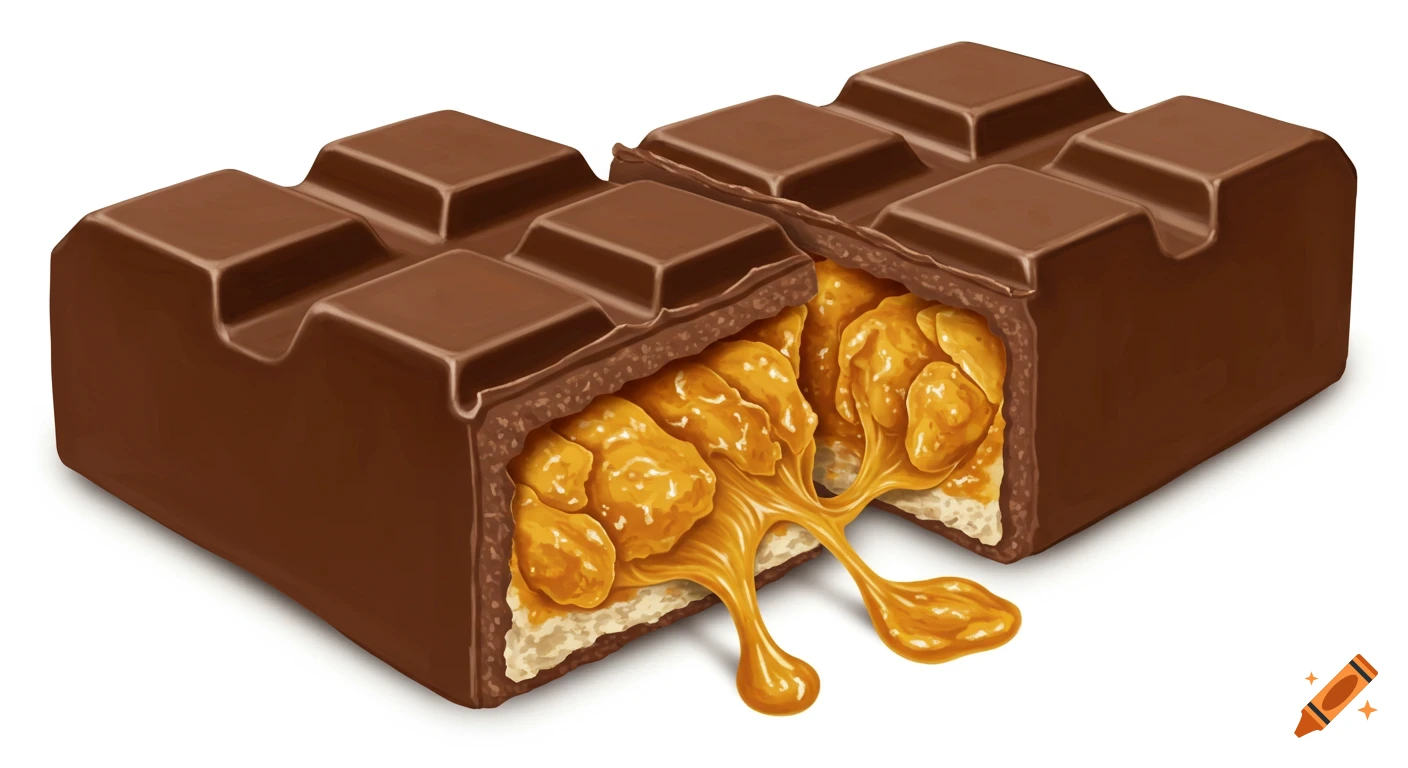 Cross-section of a chocolate bar with gooey filling oozing out.