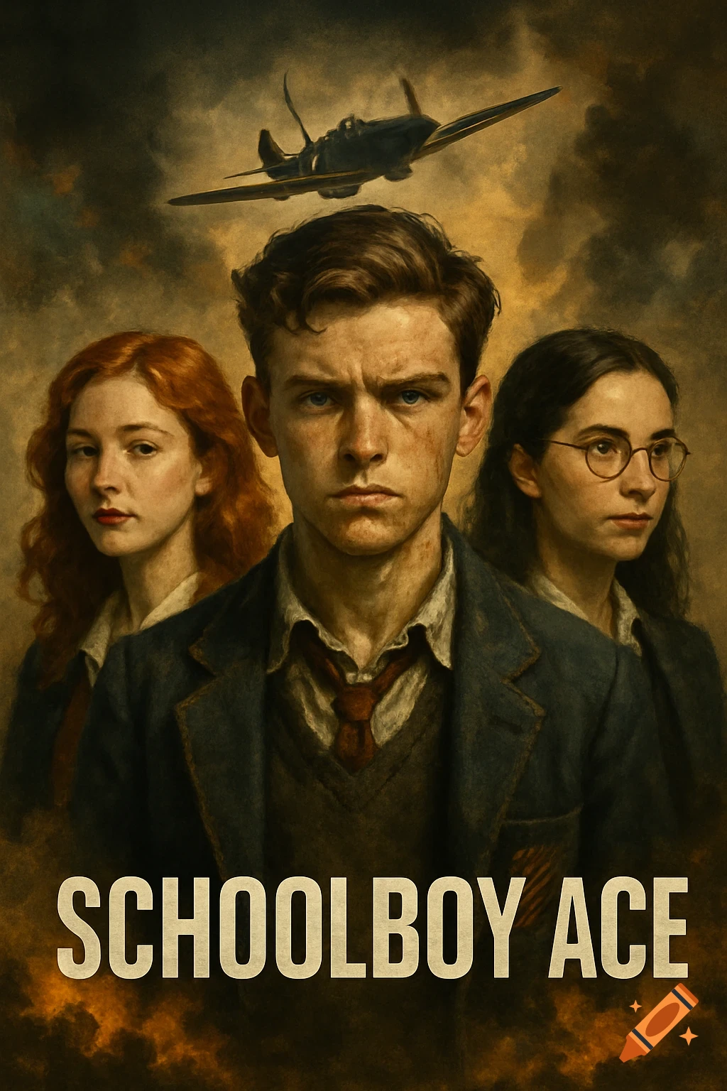 Movie poster for SCHOOLBOY ACE with three teenagers and a Spitfire plane in a painted style.