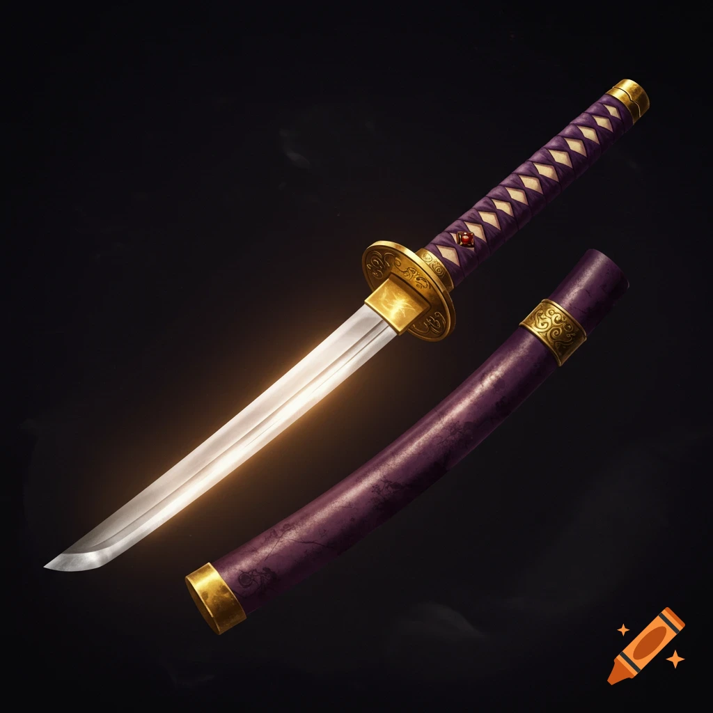 Samurai sword with a gold hilt and a purple handle and sheath against a dark background.