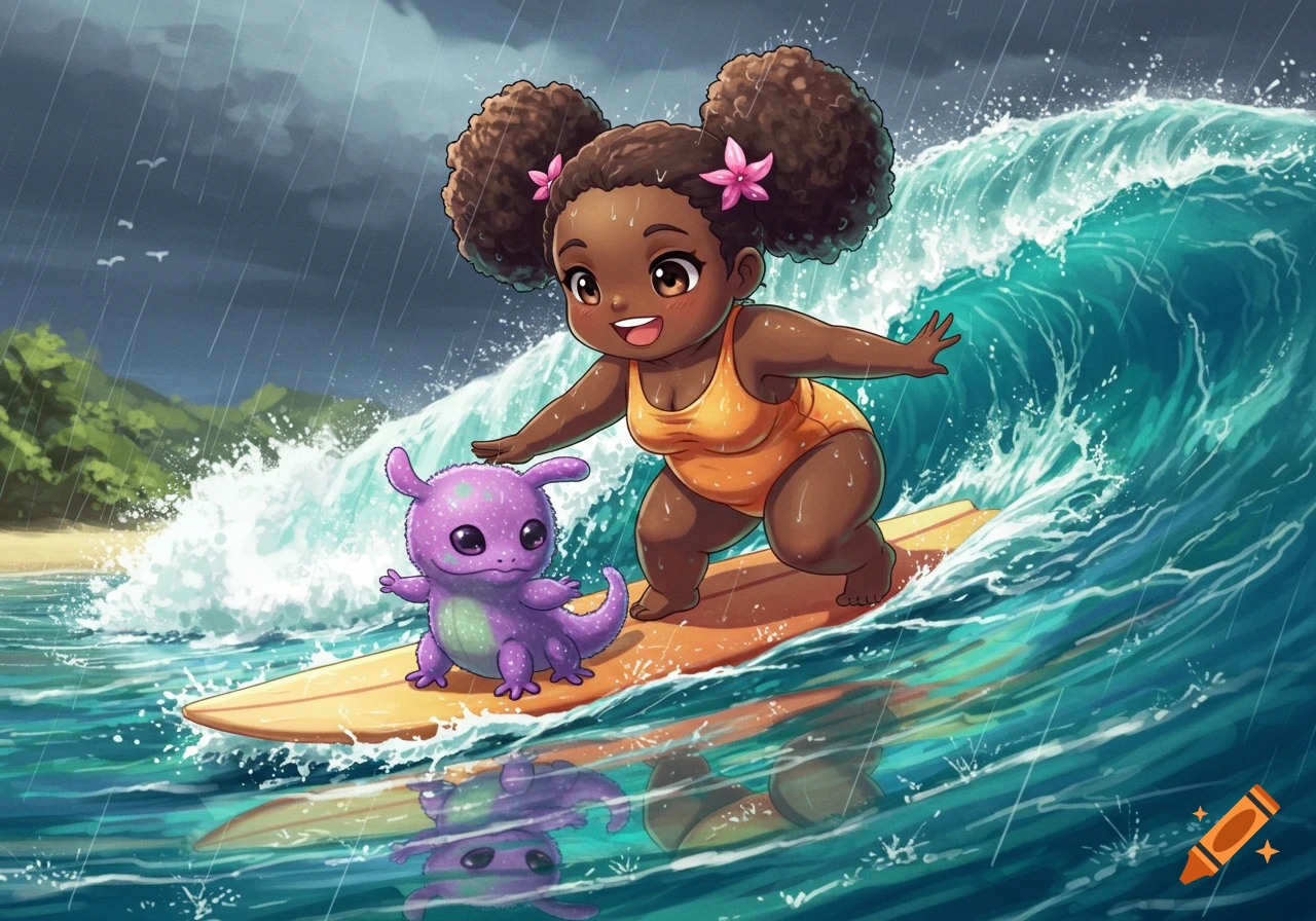 A dark-skinned anime girl with afro puffs surfs a wave with a purple monster during a rain shower.