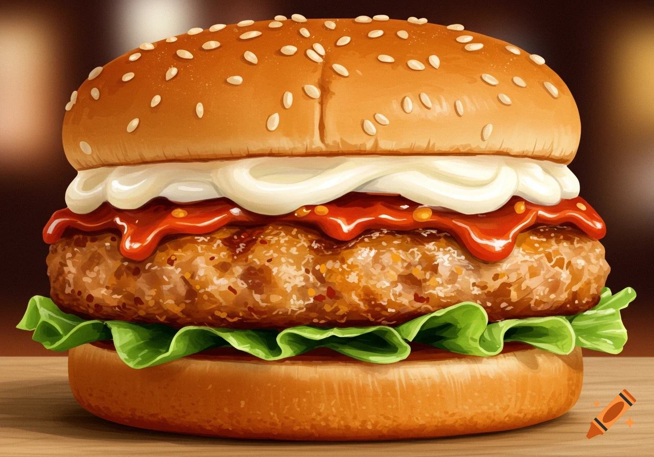 Close up of a juicy peri peri chicken burger with mayo, lettuce, and chili sauce on a wooden table, illustrative style