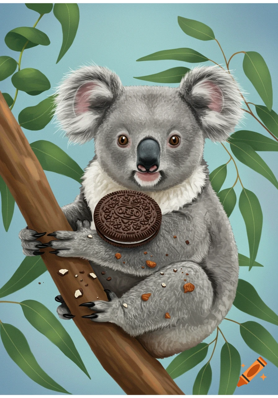 Illustration of a koala holding an Oreo cookie with almond pieces.
