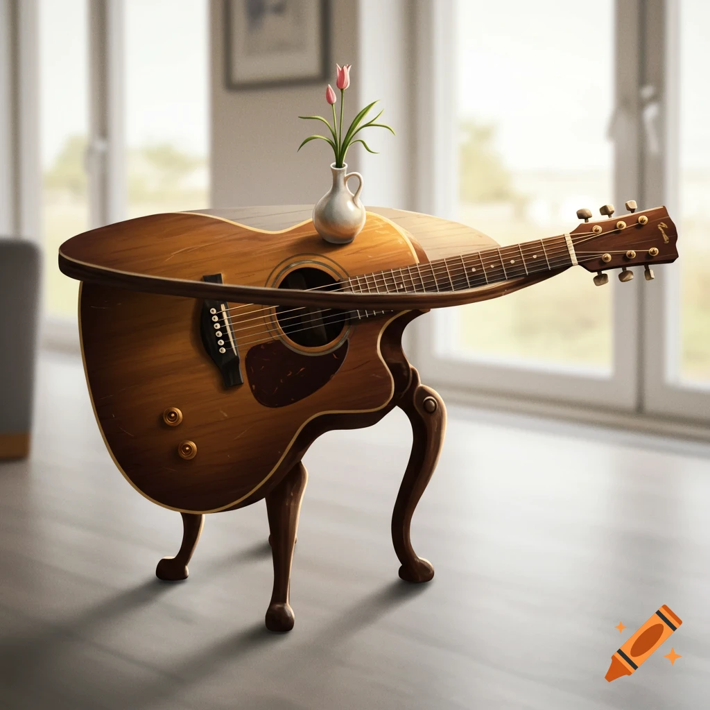 A surreal image of an acoustic guitar shaped into a wooden table with legs, holding a small vase of flowers, in a room.