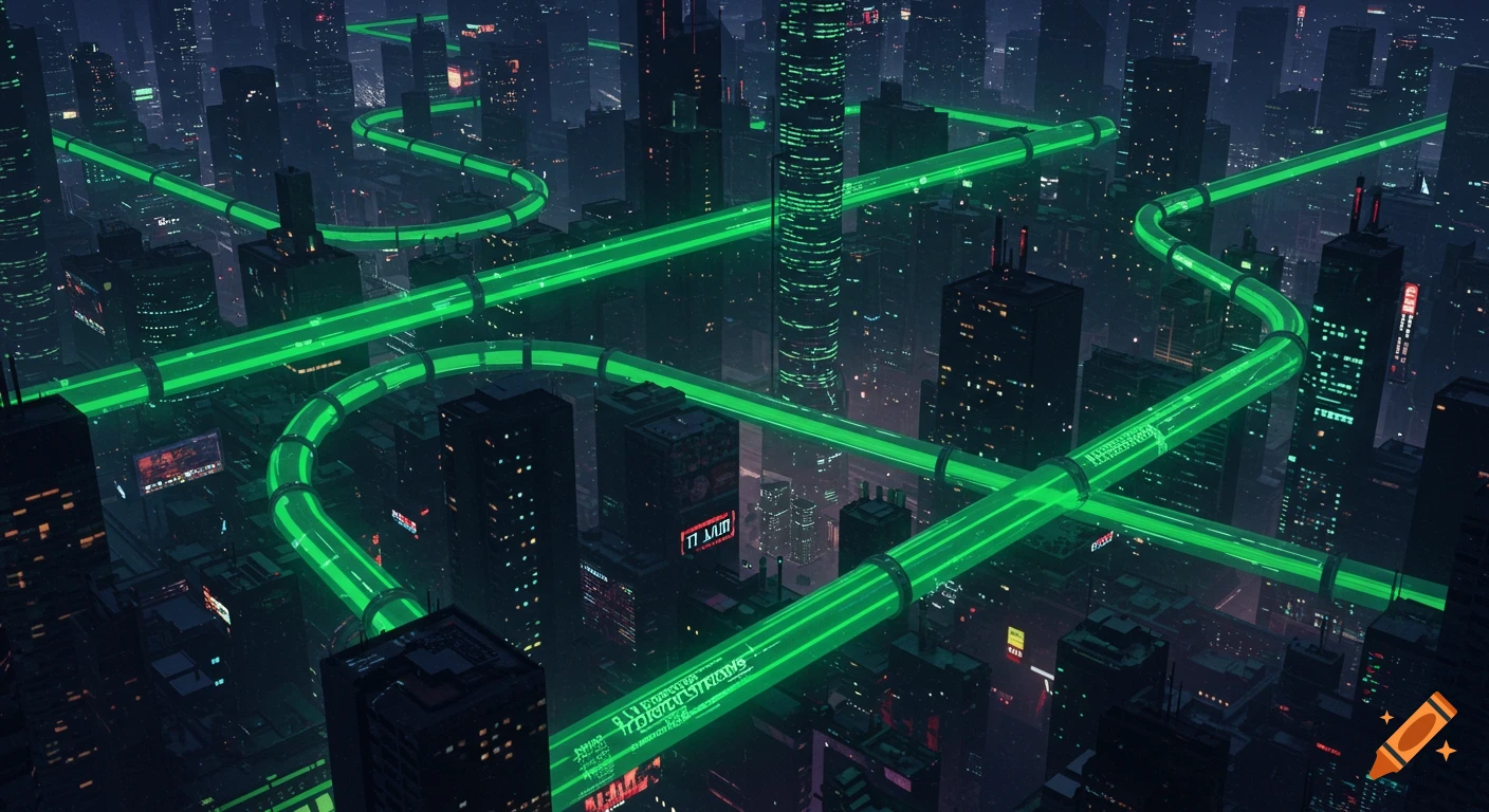 Overhead view of a dark futuristic city with neon green glowing tubes running between buildings.
