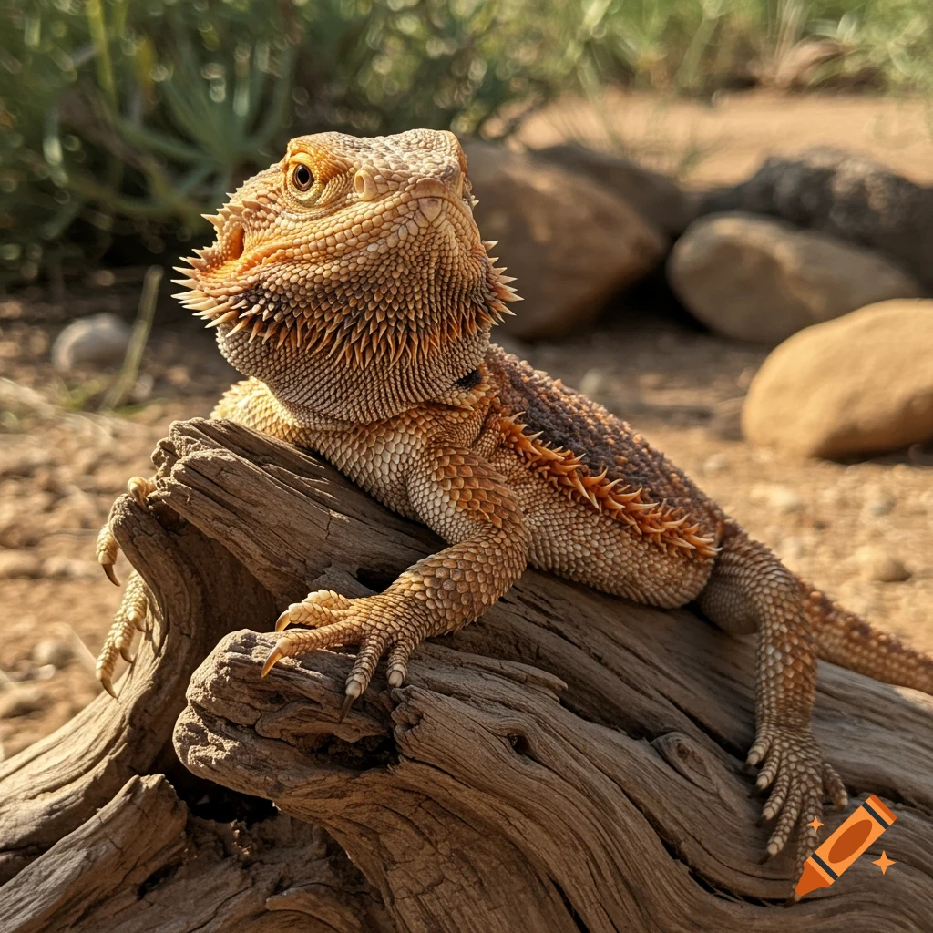 Photorealistic bearded dragon sitting on a log