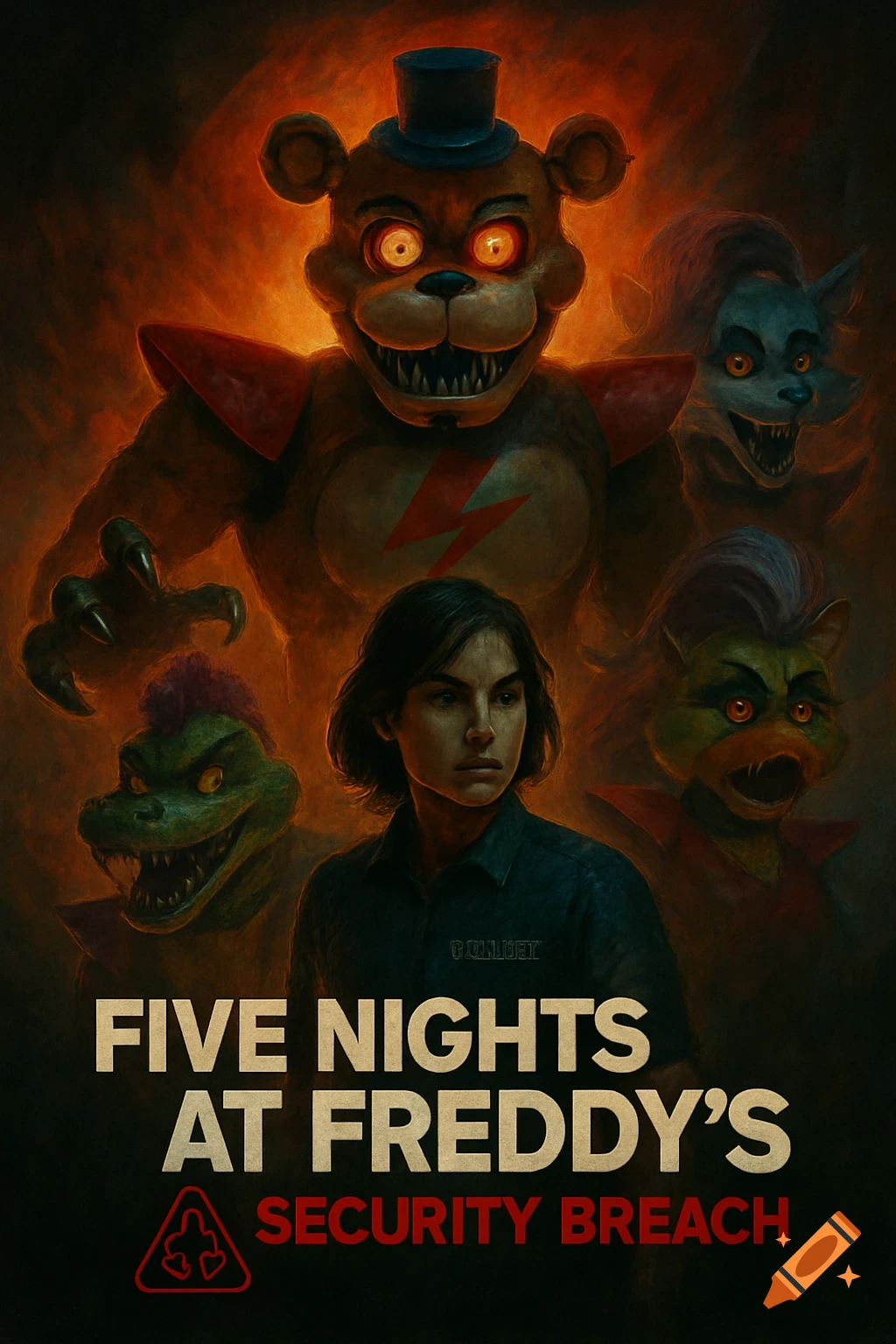 Five Nights at Freddy's: Security Breach movie poster with characters Freddy, Roxanne, Montgomery, Chica, and a human.