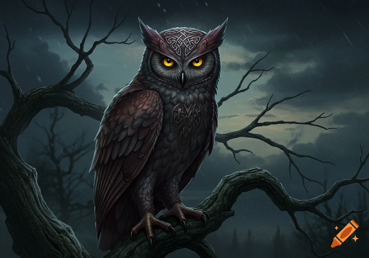 A majestic owl with glowing yellow eyes and Celtic patterns sits on a branch in a dark, stormy forest, digital art style.