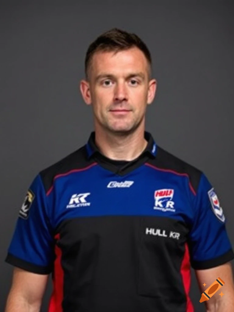 Portrait of a man wearing a blue, black, and red rugby shirt with team logos.