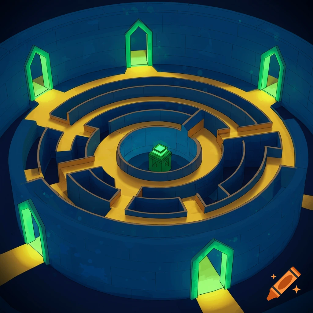 An illustrative top-down view of a circular maze with glowing green entrances and a glowing green object in the center.