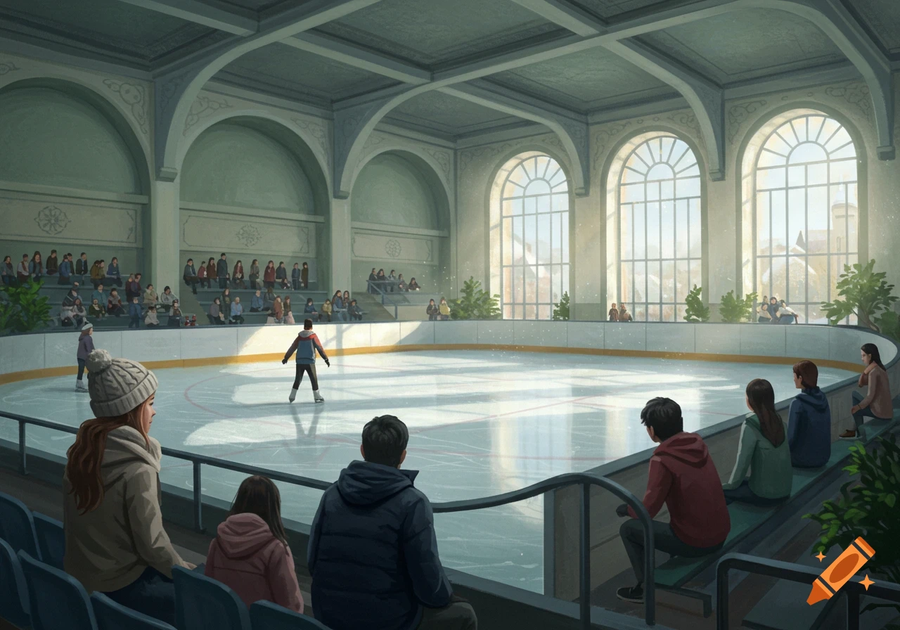 Indoor ice skating rink with spectators watching a single skater on the ice.