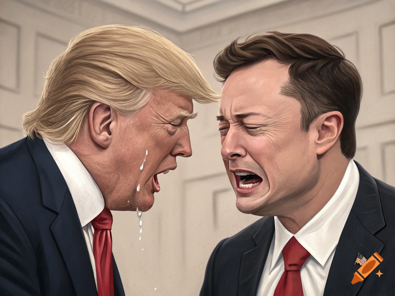 Illustration of Donald Trump and Elon Musk in profile, crying and yelling at each other.