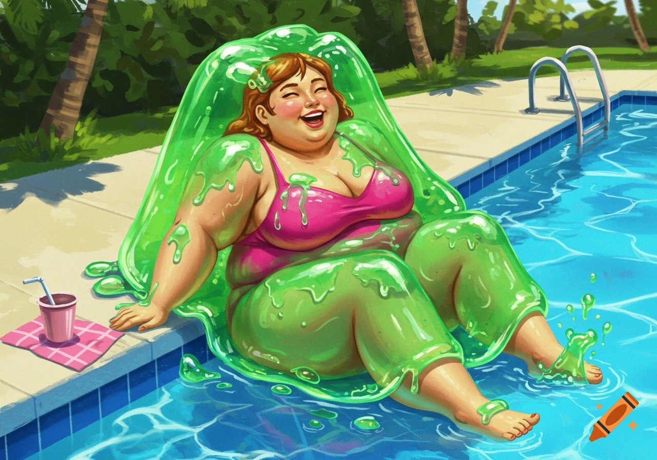 Illustration of a smiling woman in a pink swimsuit covered in green slime, sitting by a pool.