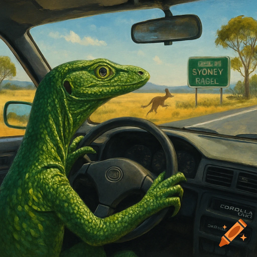 Green monitor lizard drives a car on a road in Australia, past a sign and a hopping kangaroo.