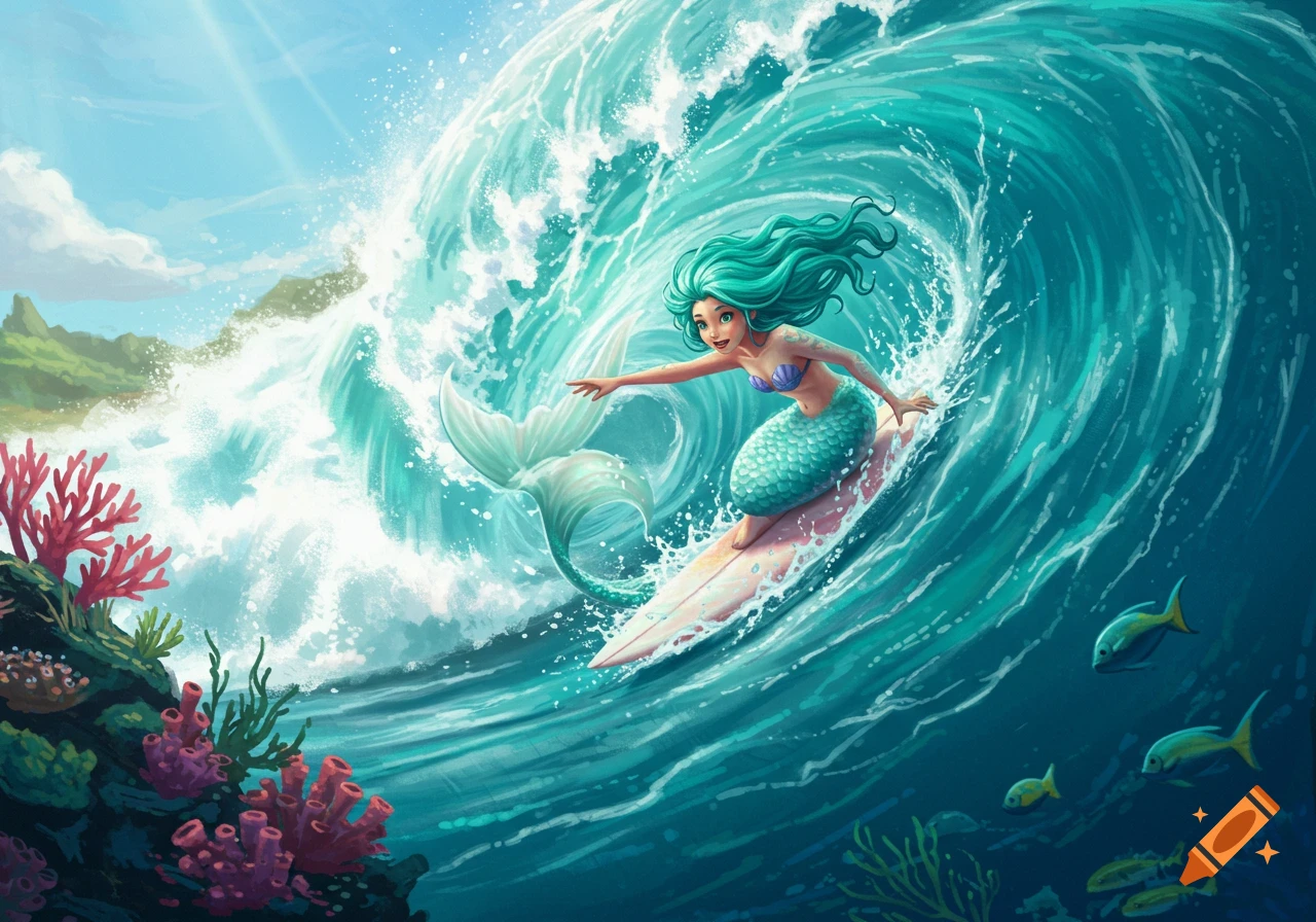 Illustration of a mermaid surfing a large wave in the ocean