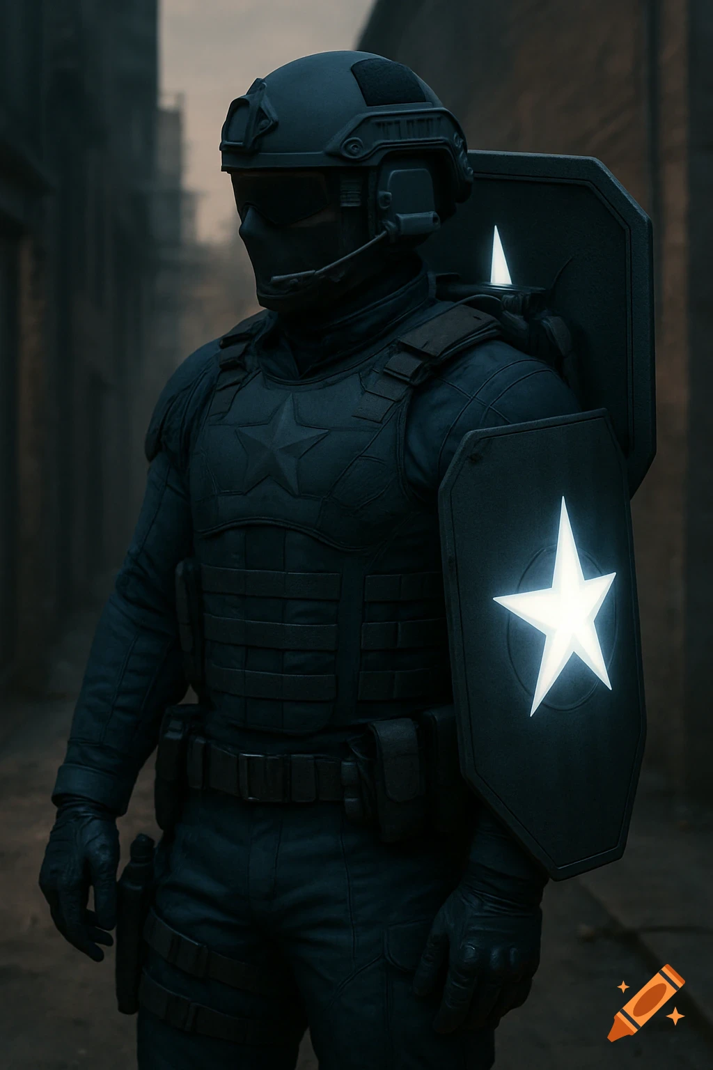 Person in dark tactical gear with a glowing star shield in an urban setting.
