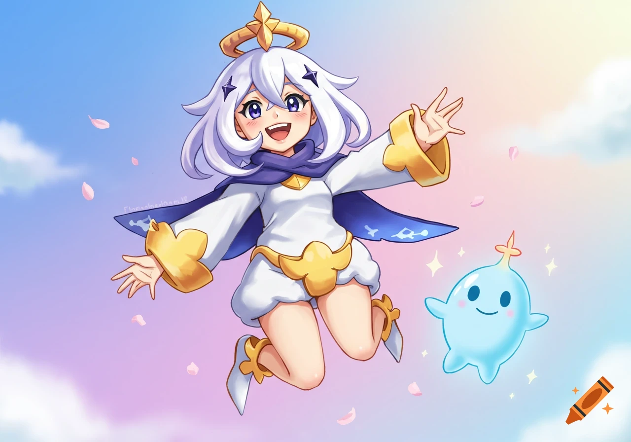 Paimon from Genshin Impact jumping in the sky with a Seelie