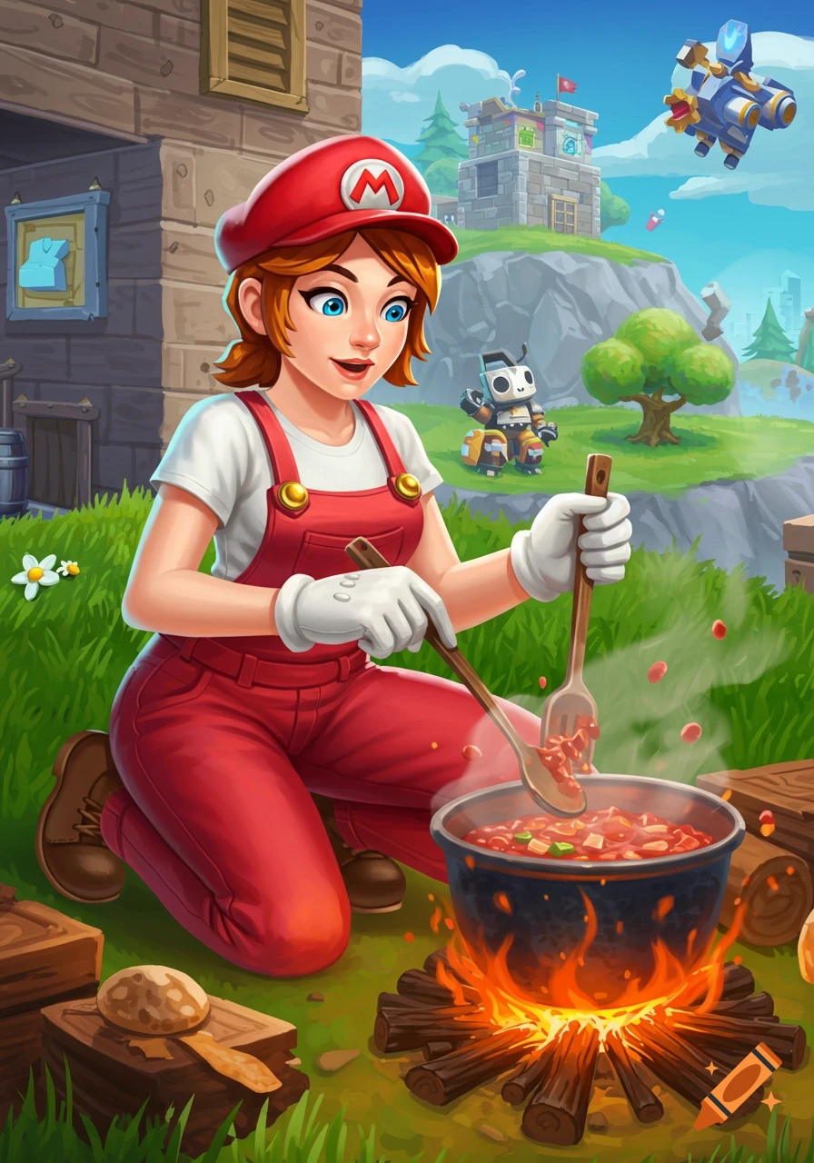 Woman dressed as Mario cooking outdoors in a Fortnite-style landscape with a robot and building.