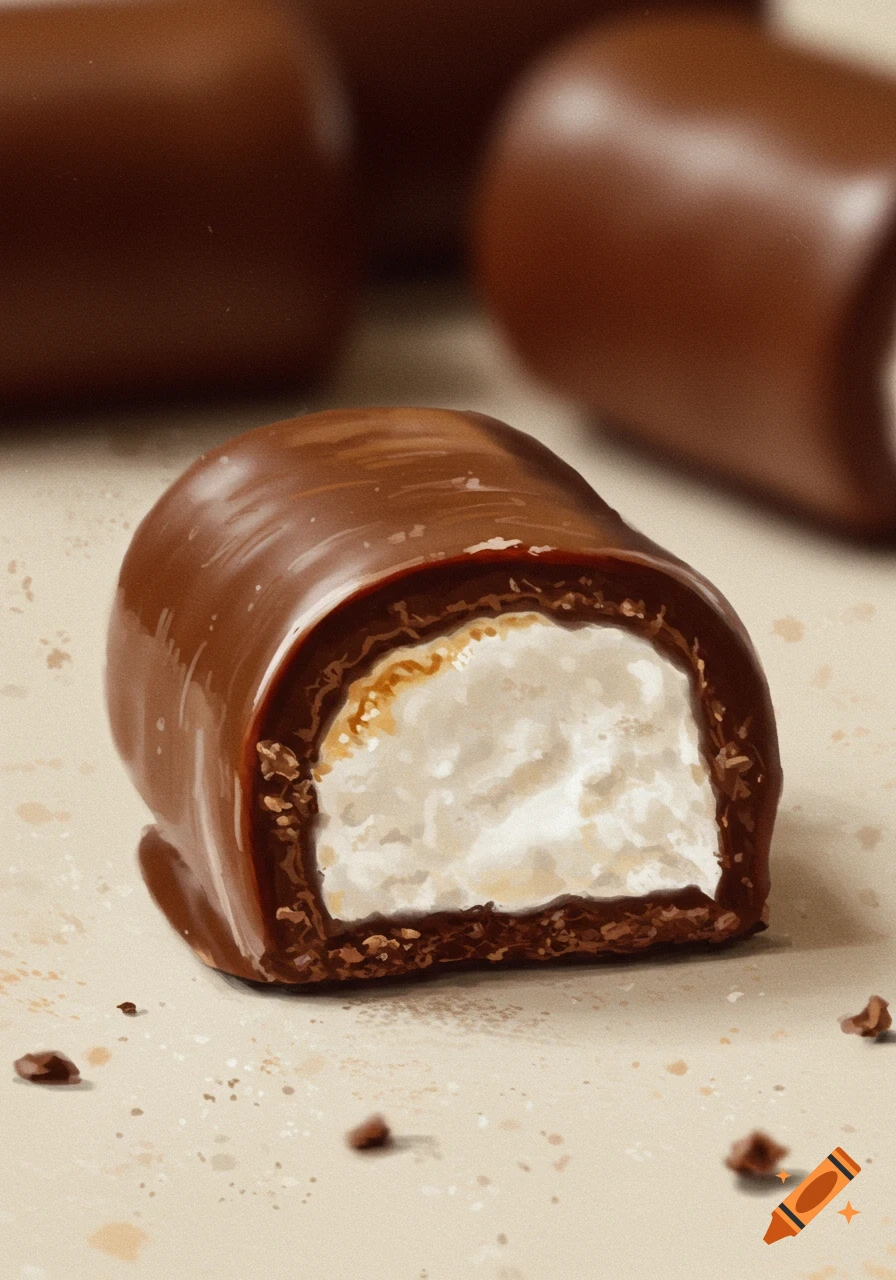 Close-up of a chocolate covered marshmallow candy bar cut in half on a table