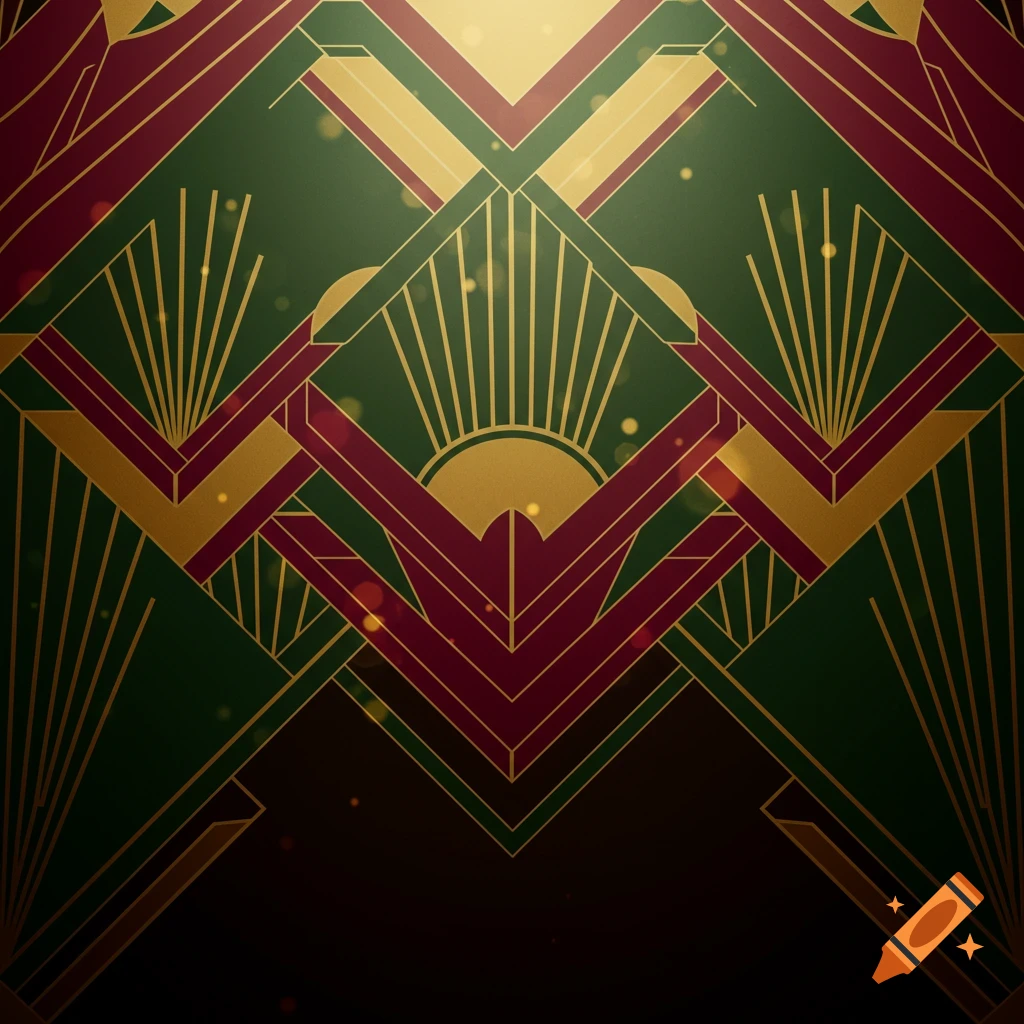 Geometric art deco pattern in green, gold, and red with light effects.