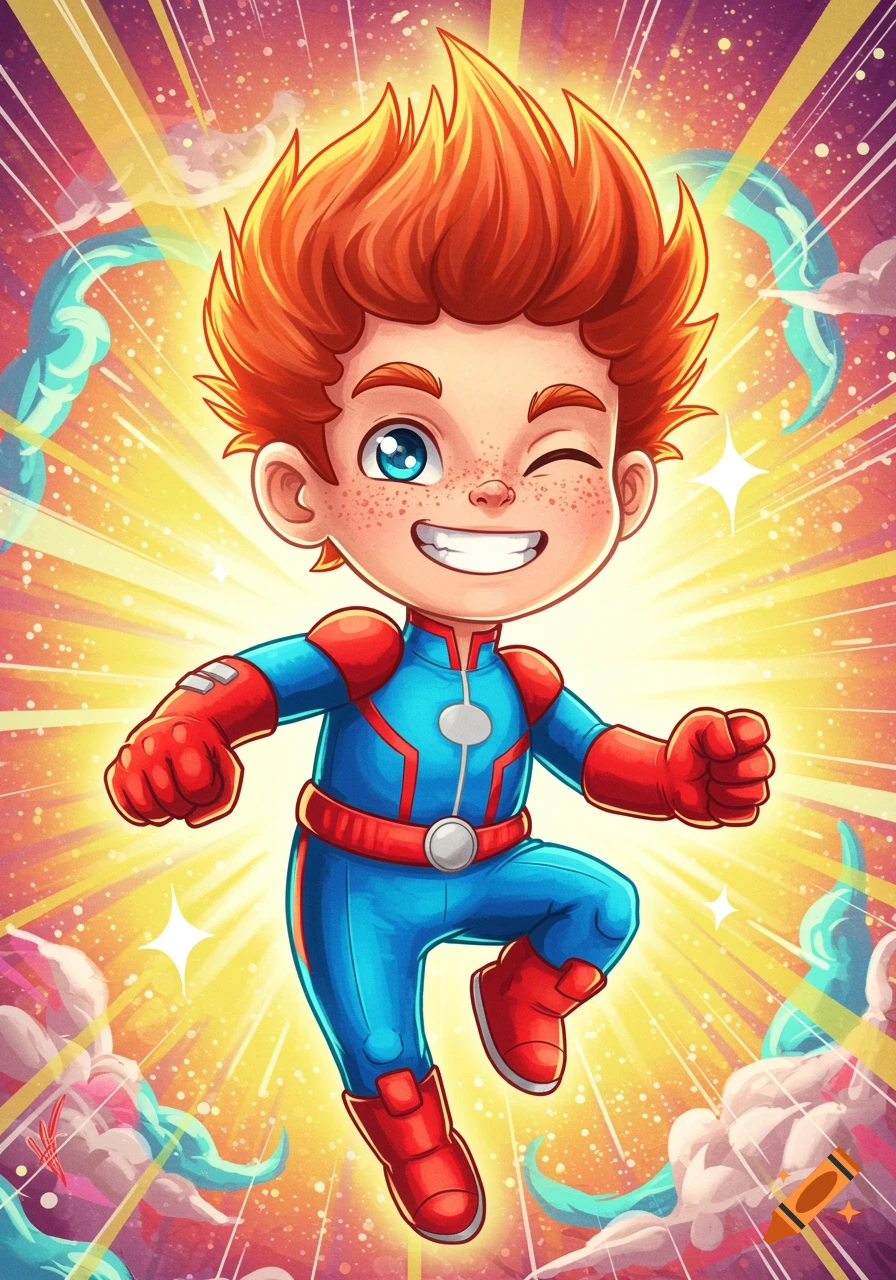 Cartoon boy superhero sidekick with red hair and freckles flying