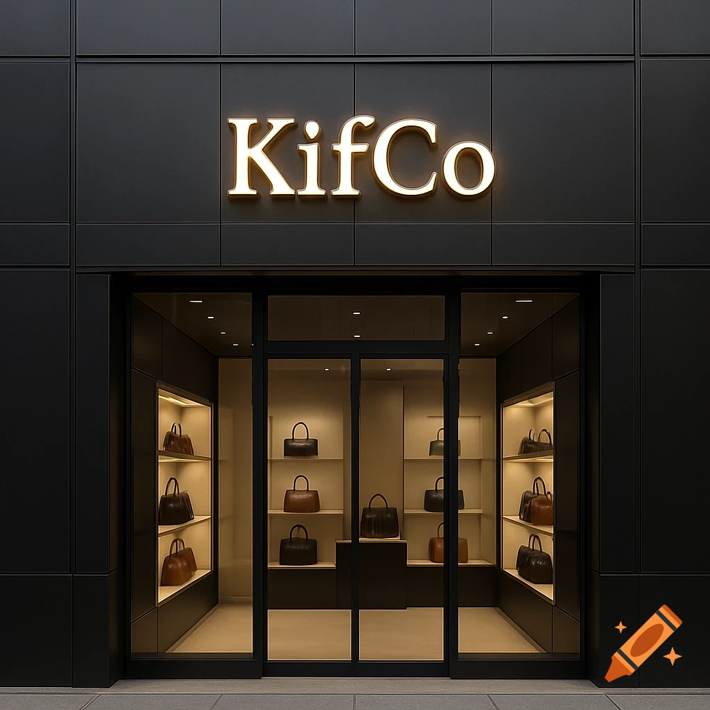 Modern luxury storefront for KifCo bag shop with bags displayed in the window.