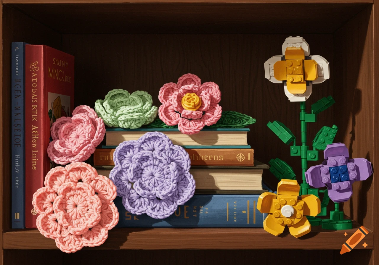 Still life of colorful crochet and Lego flowers displayed on a bookshelf among books.