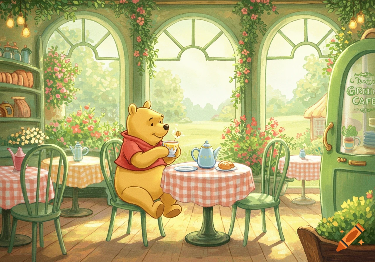 Illustration of Winnie the Pooh drinking tea at a table in a bright green cafe surrounded by flowers.
