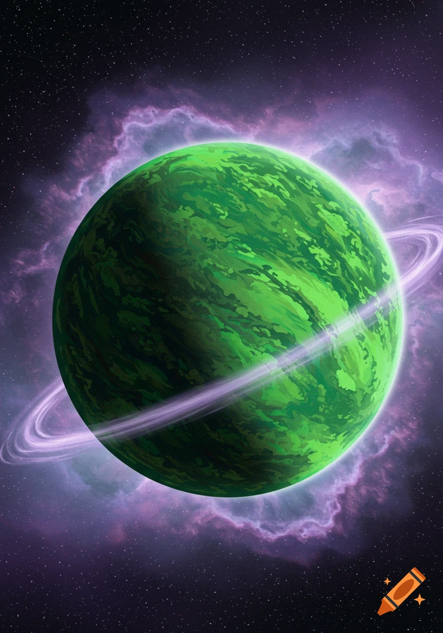 Bright green planet with rings in space with stars and nebula.