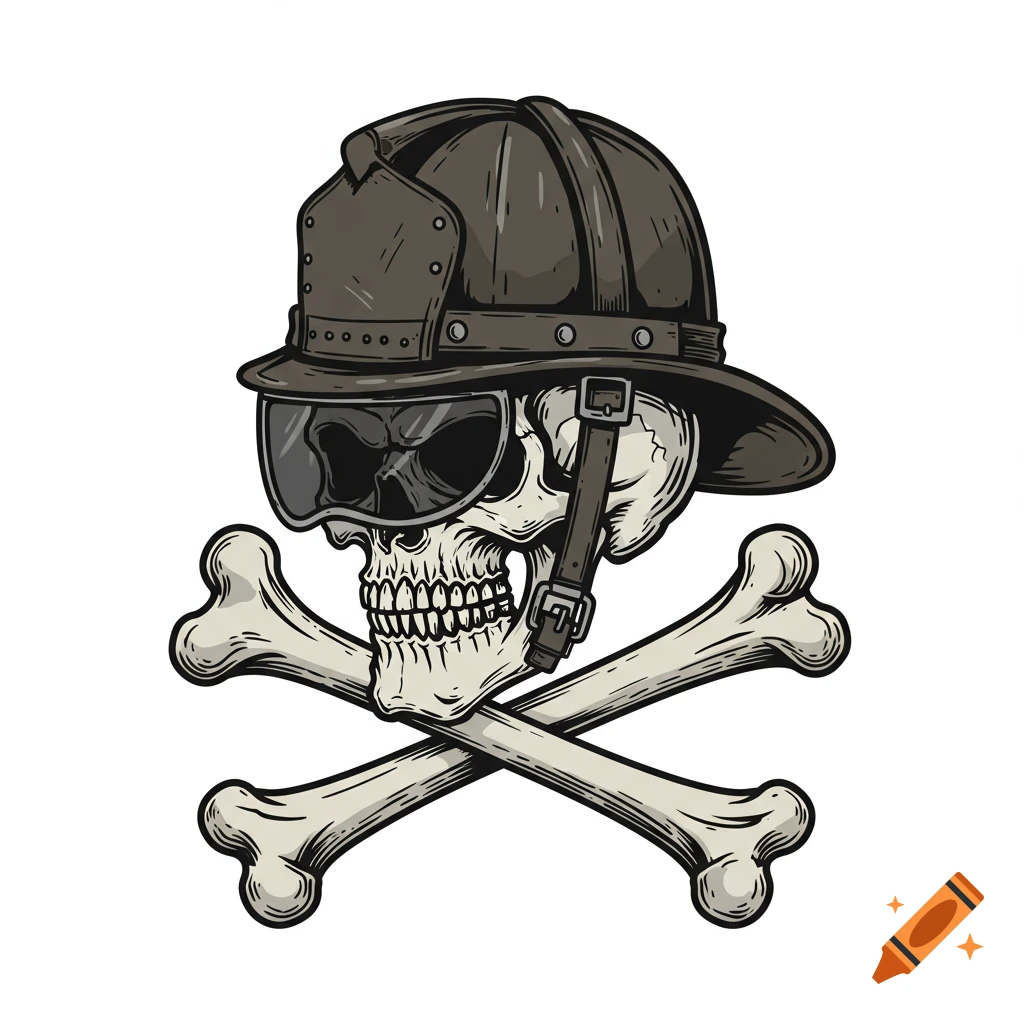 Illustration of a skull and crossbones wearing a dark firefighter helmet with goggles.