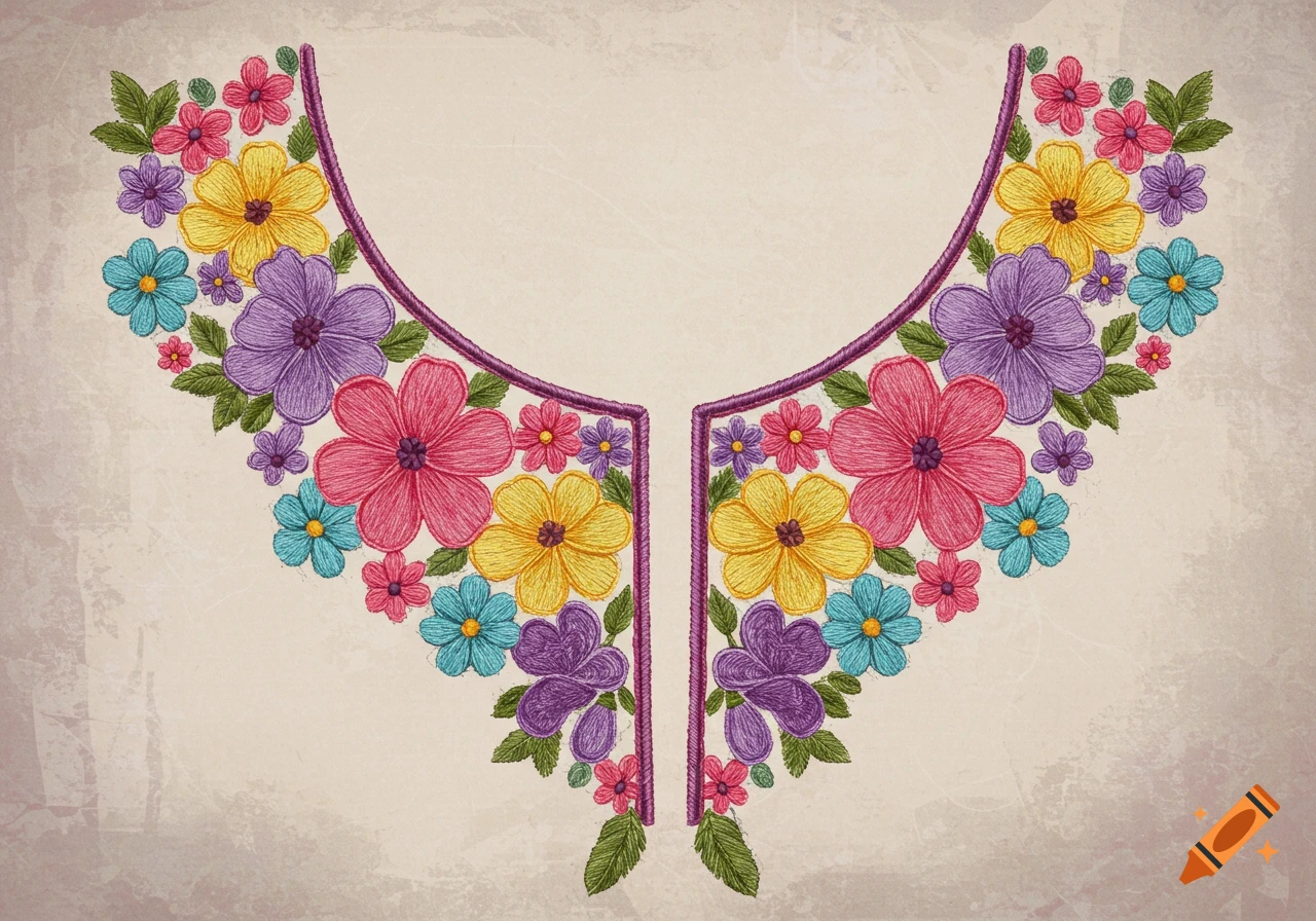 Colorful floral embroidered neckline design on a light background.