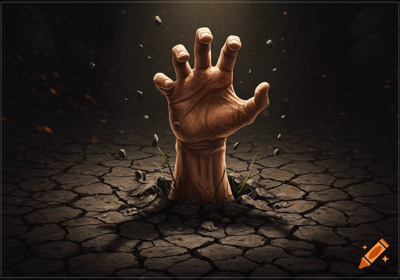 A hand reaches out of cracked earth, surrounded by floating rocks.