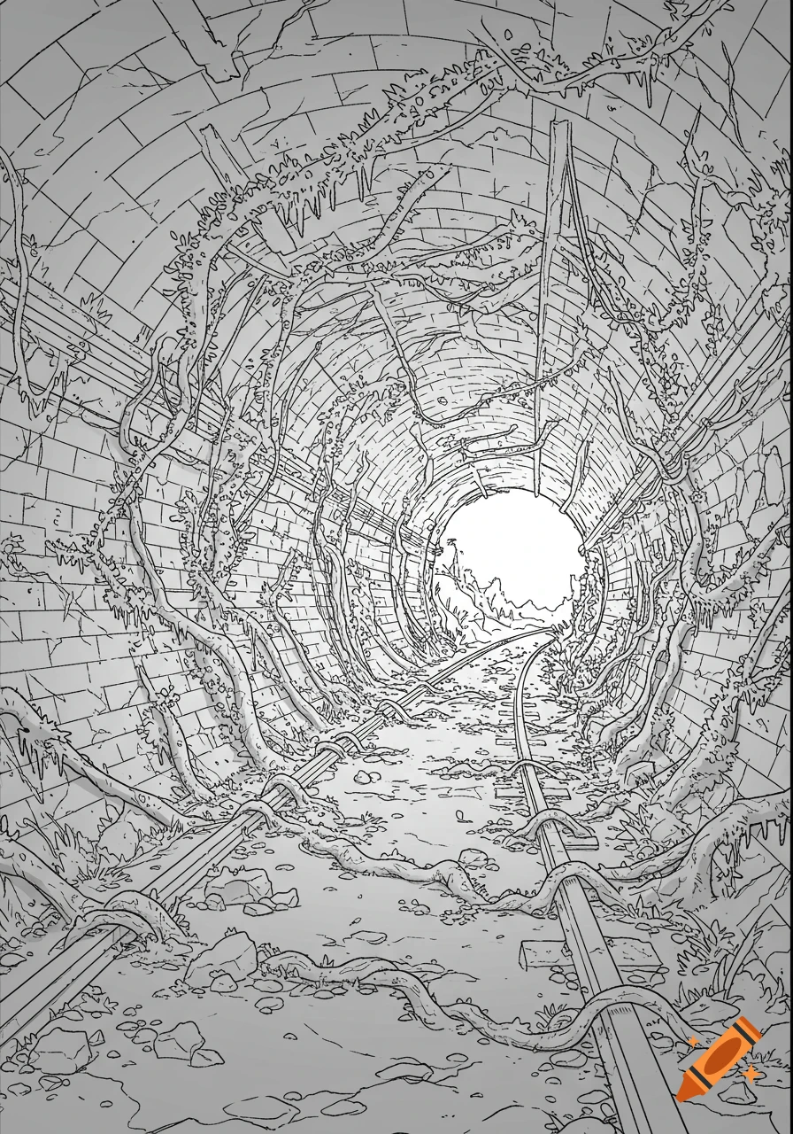 A black and white line drawing of an abandoned subway tunnel overgrown with vines and moss.