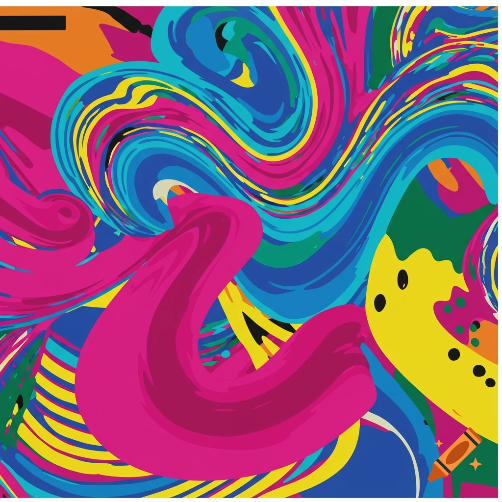 Abstract colorful pattern with swirling shapes in pink, blue, yellow, and green.