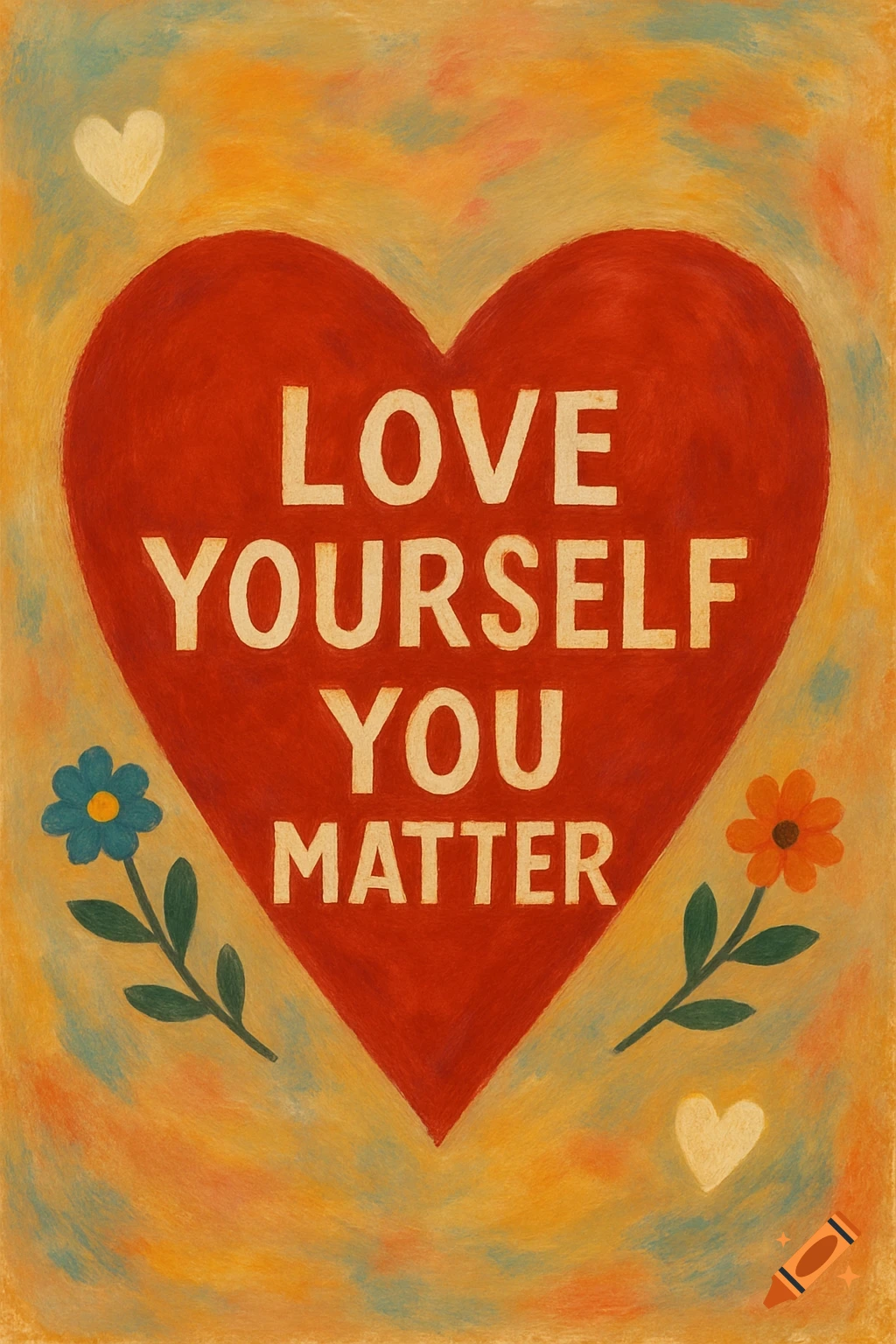 Painted illustration of a red heart with 'LOVE YOURSELF YOU MATTER' text, flanked by flowers and small hearts.