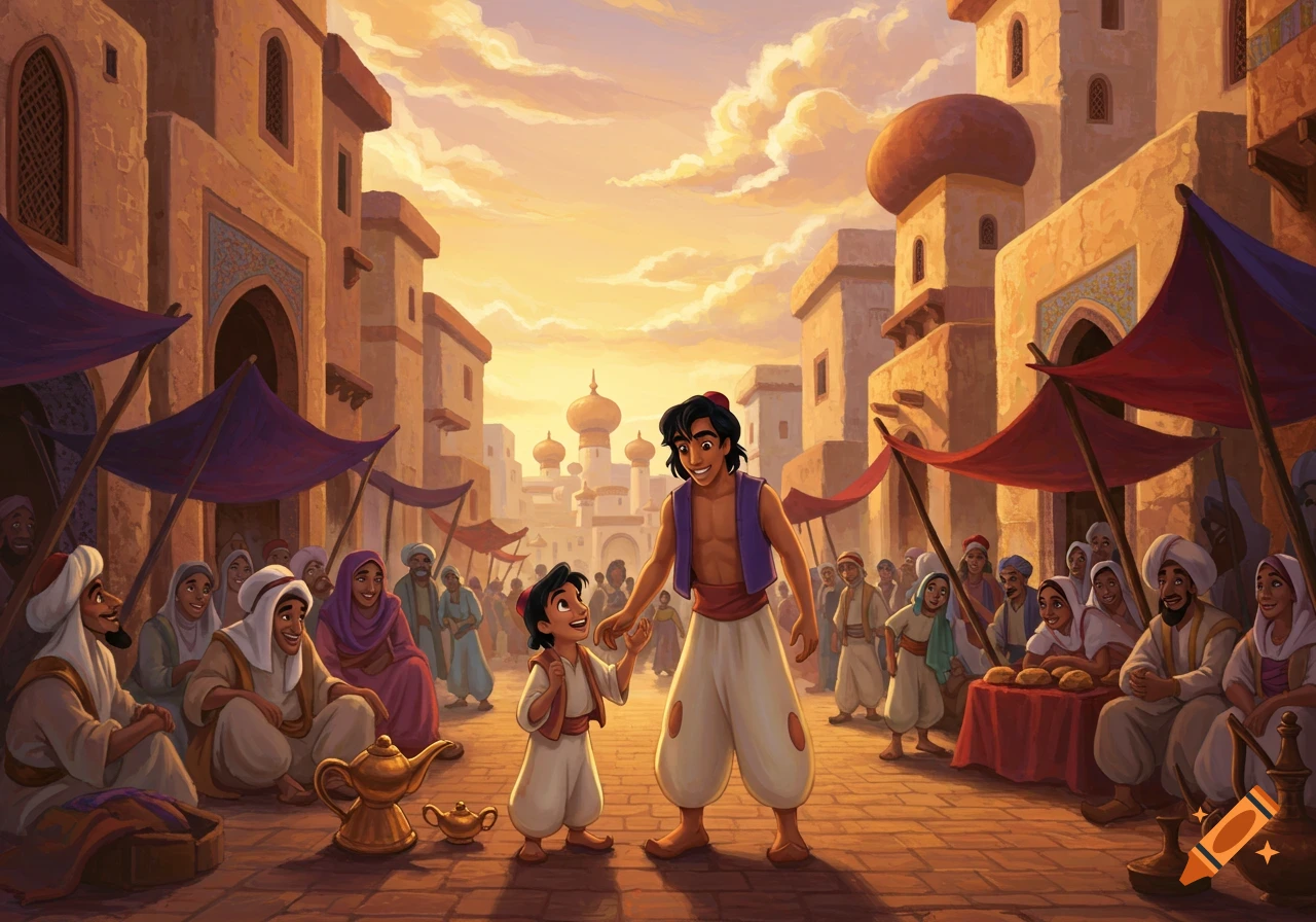 Aladdin and a child stand in a bustling market street at sunset, surrounded by people, in a colorful cartoon illustration.