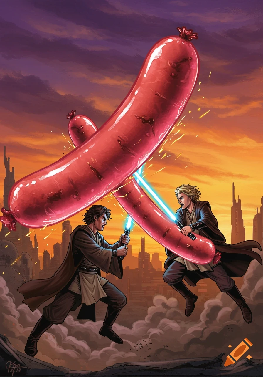 Two figures resembling Star Wars jedi fight with giant sausages instead of lightsabers in a sci-fi city, comic art style.