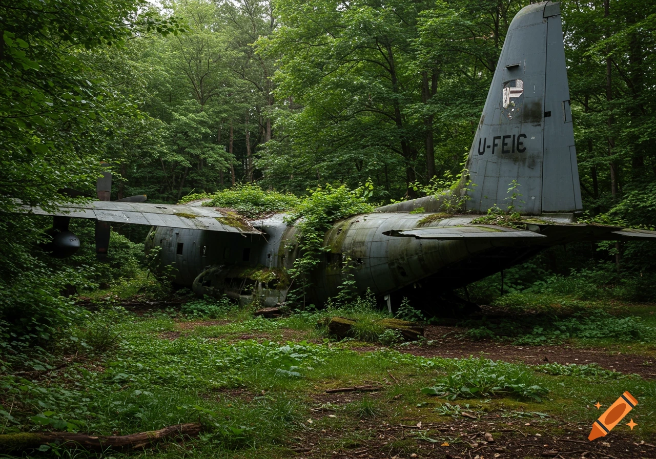 An old, decaying C-130 plane overgrown with vines and moss sits abandoned in a forest clearing.