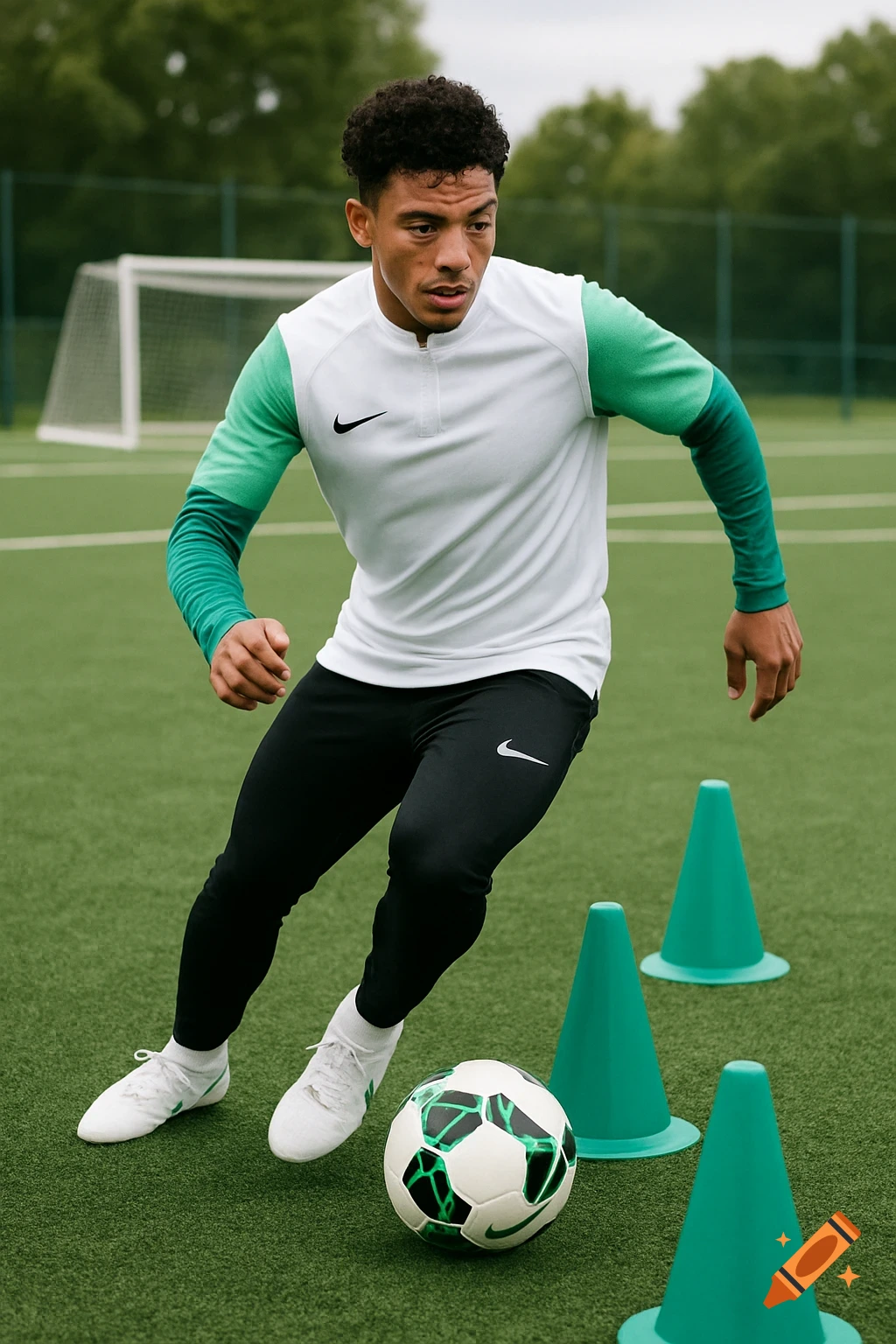 A young soccer player trains on a field with cones.
