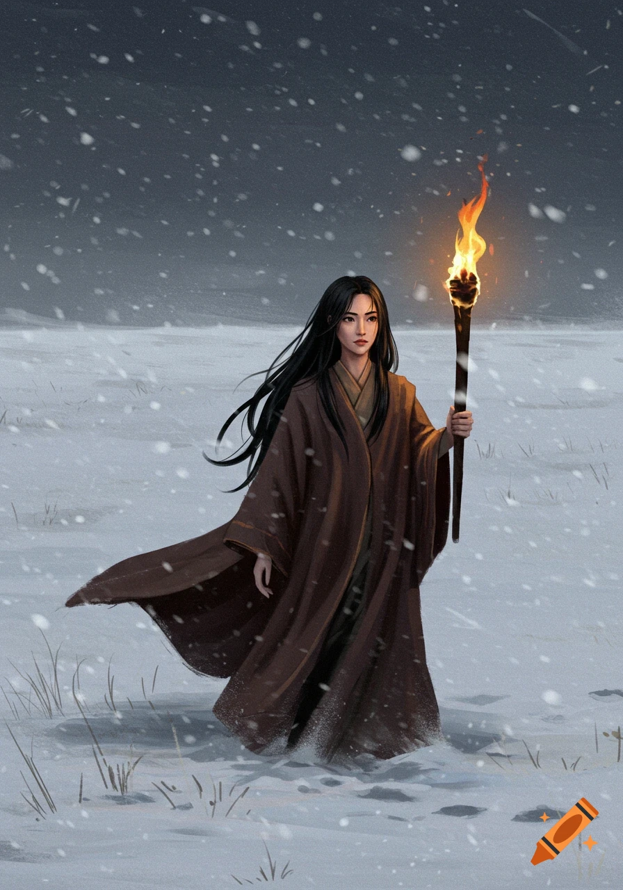 A woman in a brown robe stands in a snowfield holding a lit torch, digital painting.
