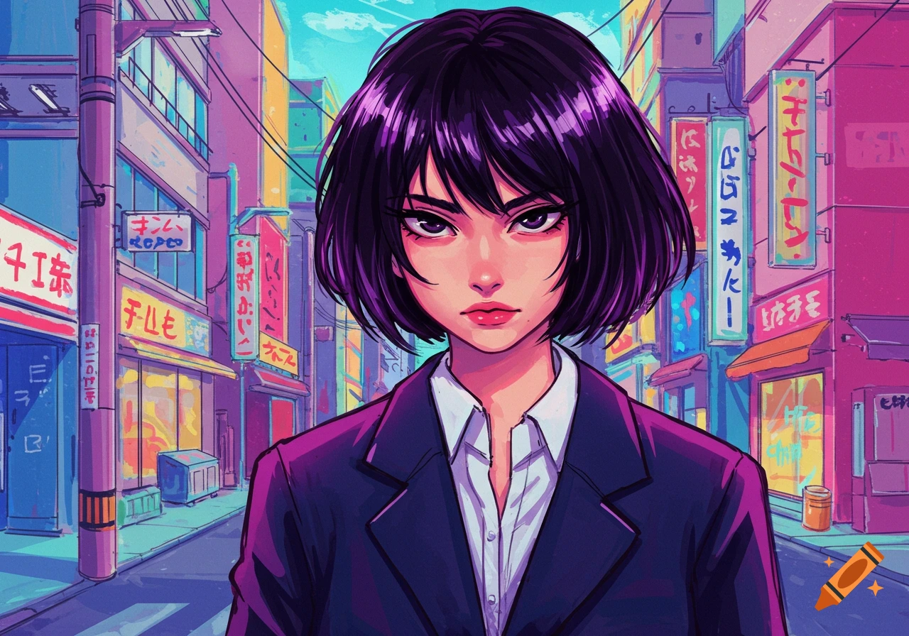 Anime portrait of a woman with short dark hair in a suit standing on a city street with purple and blue tones.