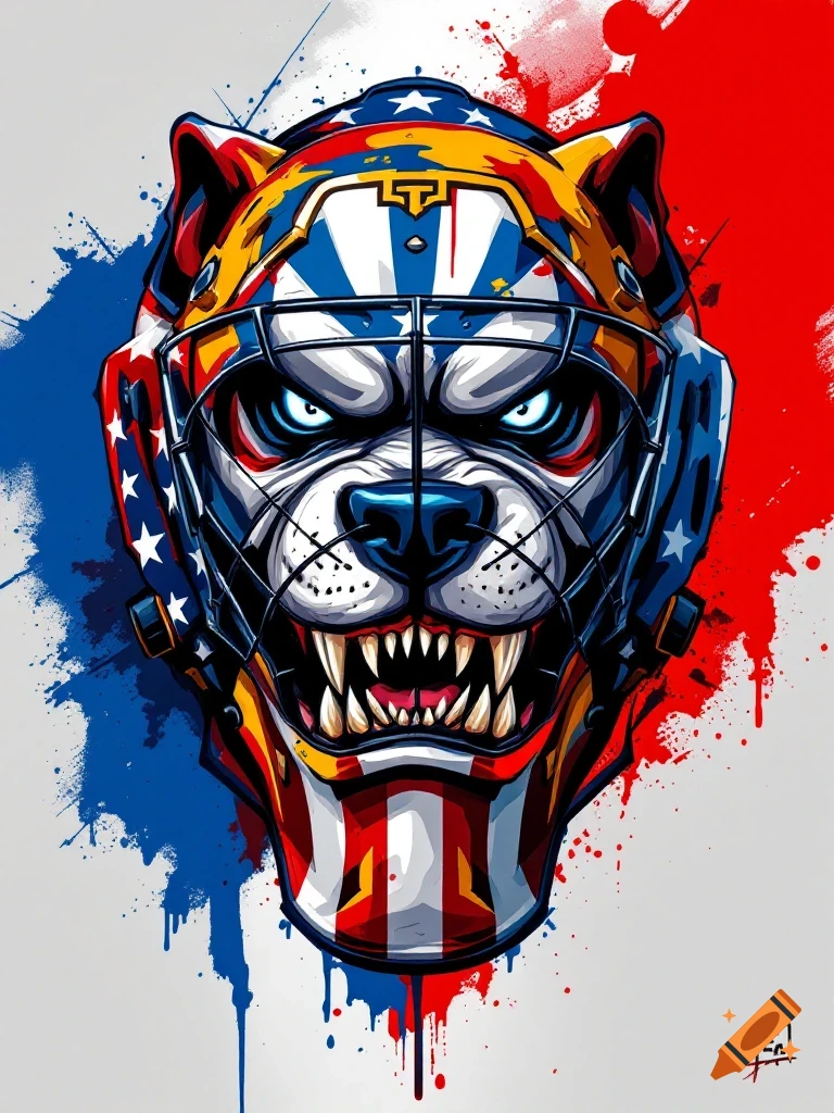 A stylized illustration of a fierce dog's face integrated into a hockey goalie mask with American flag colors and symbols.
