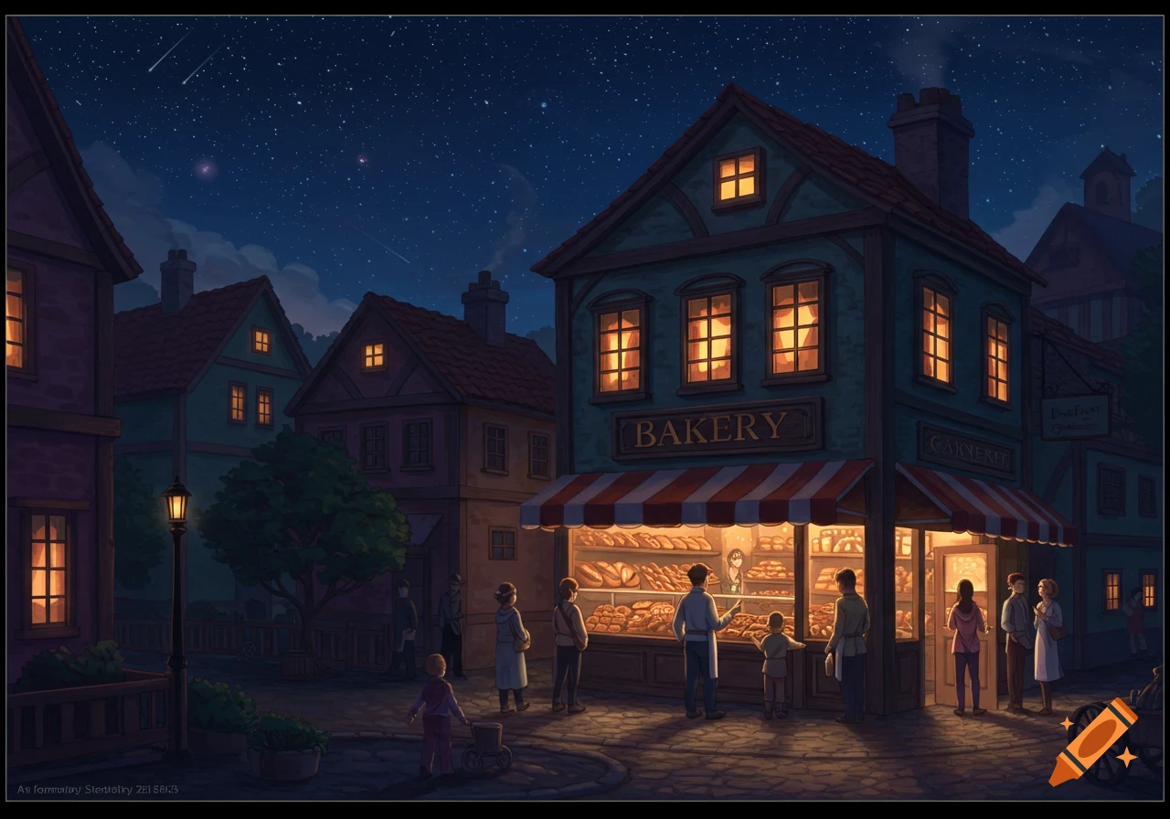 Nighttime illustration of a town street with a brightly lit bakery and people outside.