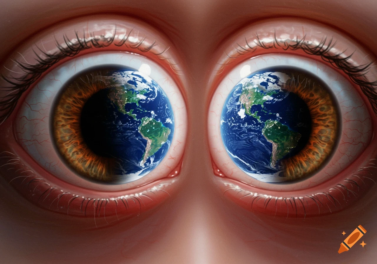 Close-up of two human eyes, each reflecting or containing an image of the Earth.