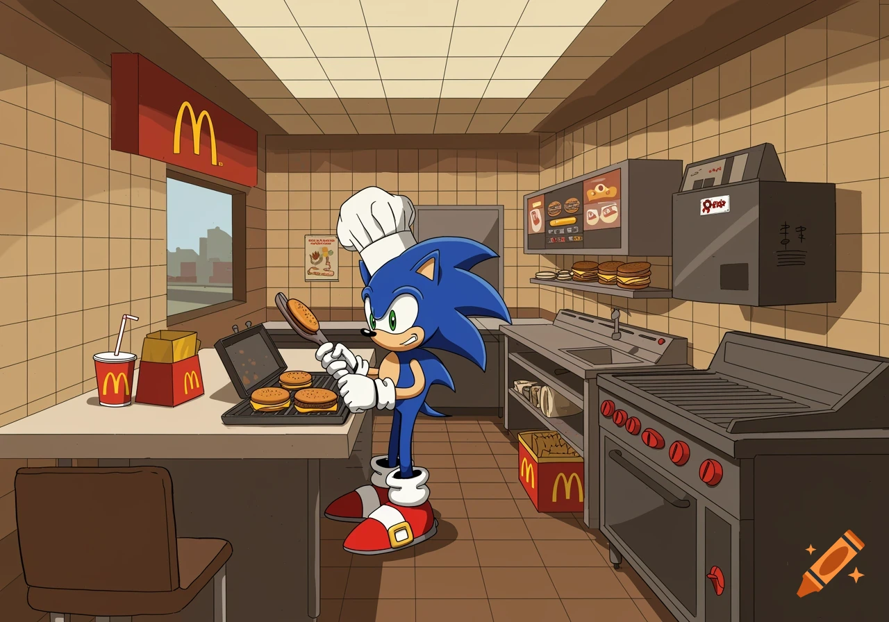 Cartoon Sonic the Hedgehog wearing a chef hat cooks burgers in a McDonald's kitchen.