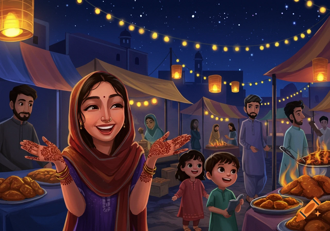 Illustrative night market scene with people eating, including a woman with mehndi hands, illuminated by lanterns.