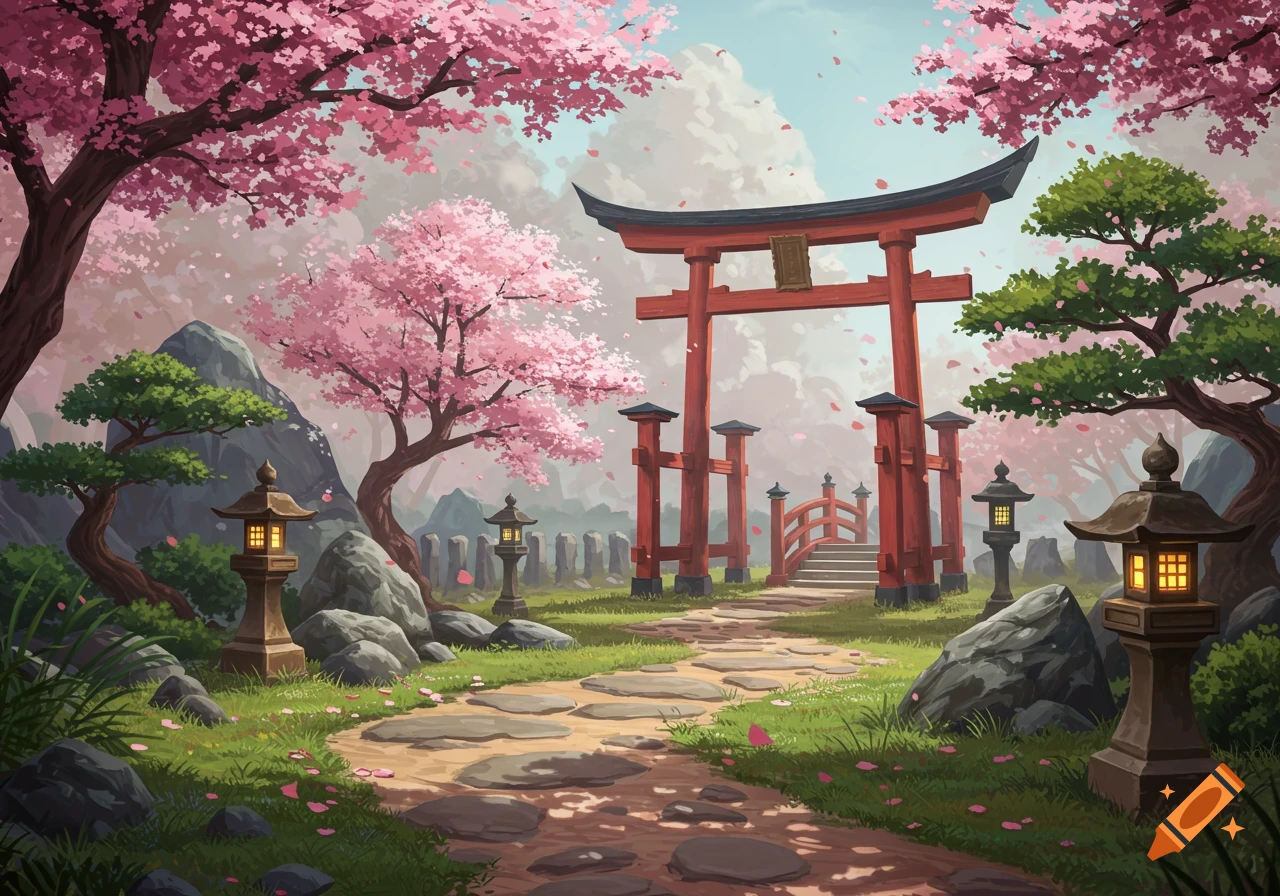 Acrylic painting of a Japanese garden with a red torii gate, pink cherry blossoms, and stone lanterns.