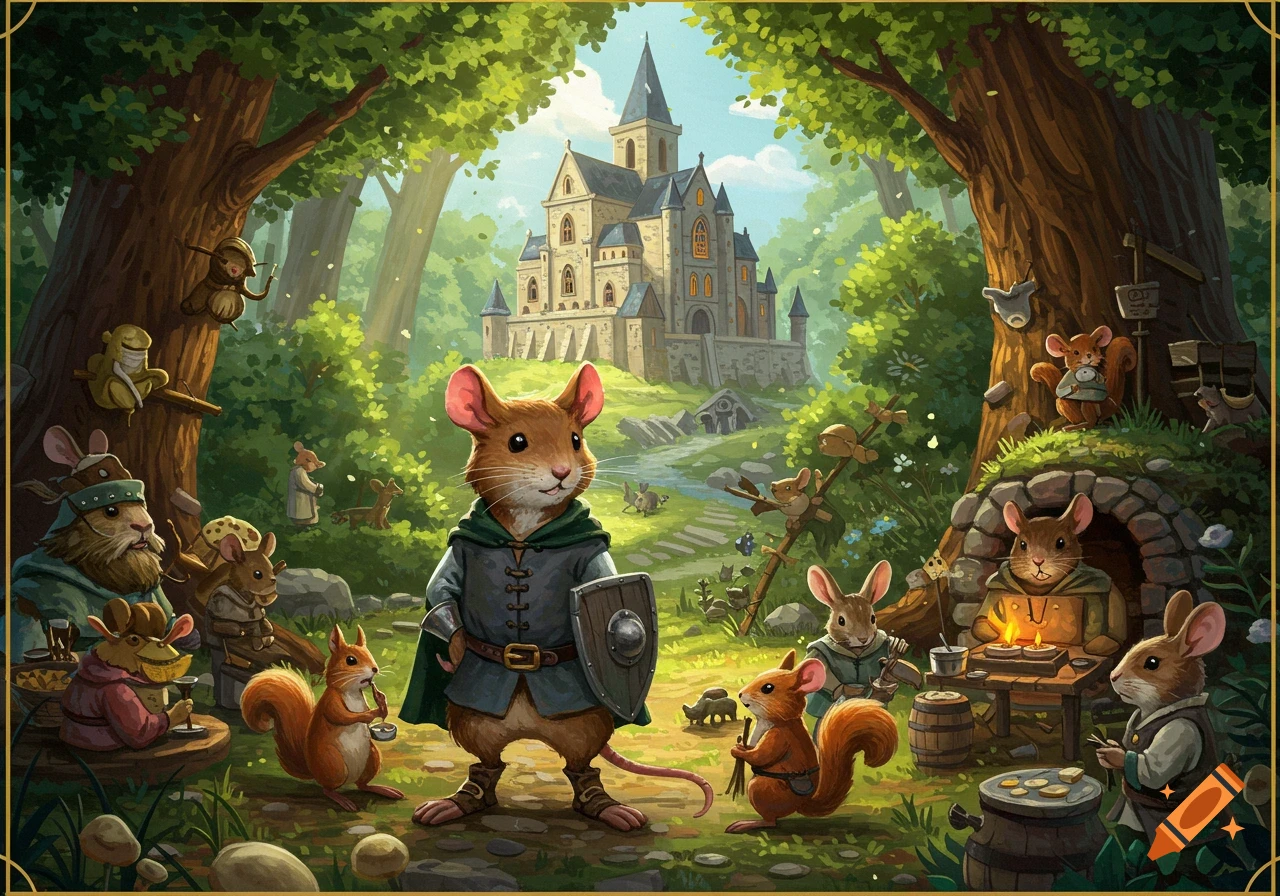 Illustrated fantasy scene of anthropomorphic mice and squirrels in a forest clearing with a castle background. Mouse warrior in foreground.